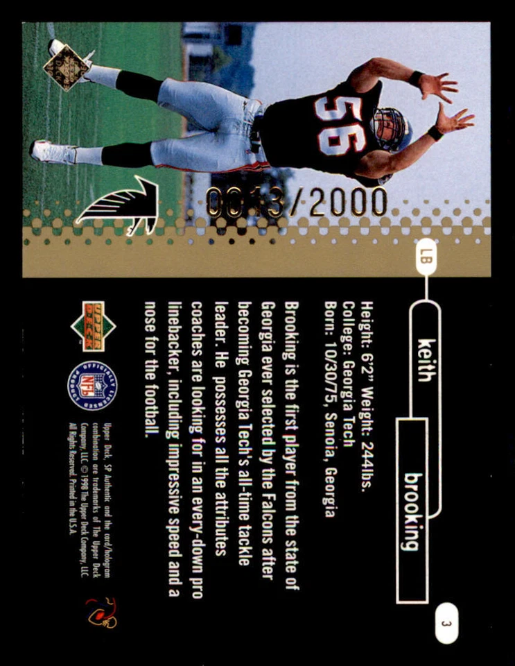 1998 SP Authentic #3 Keith Brooking RC /2000 - Image 2 of 2