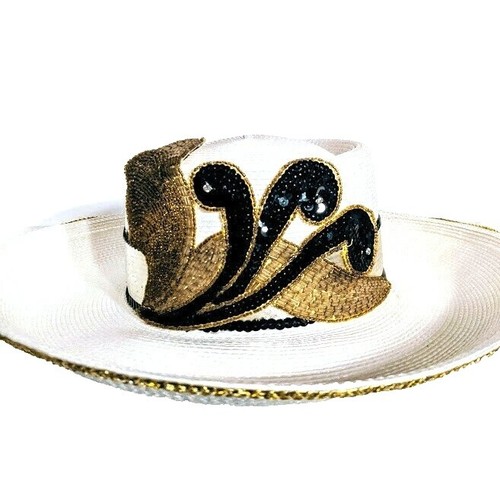 VINTAGE KATE LANDRY BLACK WIDE BRIM WHITE FEATHERS RIBBONS  display picture 2