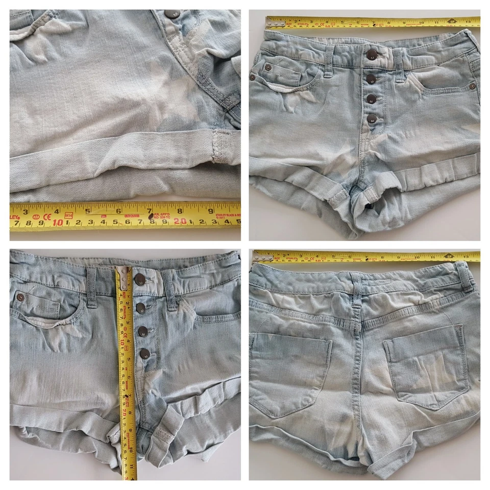 Girls' Women LOVE FIRE Mini-Shorts Size 2/26 Blue Denim Button Fly Distressed - Image 2 of 4