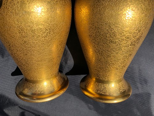 2 Pickard Rose Daisy 10 inch gold encrusted vases vintage pair green 889 FLAW - Picture 11 of 18