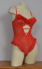 Red Sheer with flower and ruffle Playsuit Teddy RomperLingerie Dreamgirl