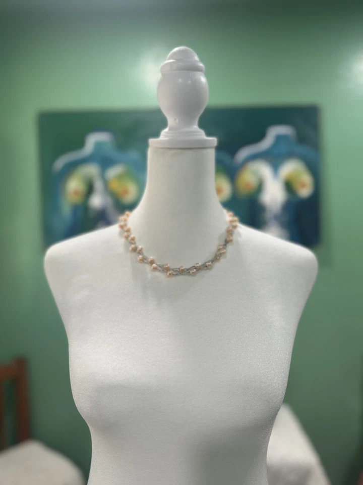 Винтажный Y2K пыльный розовый румяна жемчуг и семена бисер ремесленник ошейник ожерелье - Изображение 2 из 4