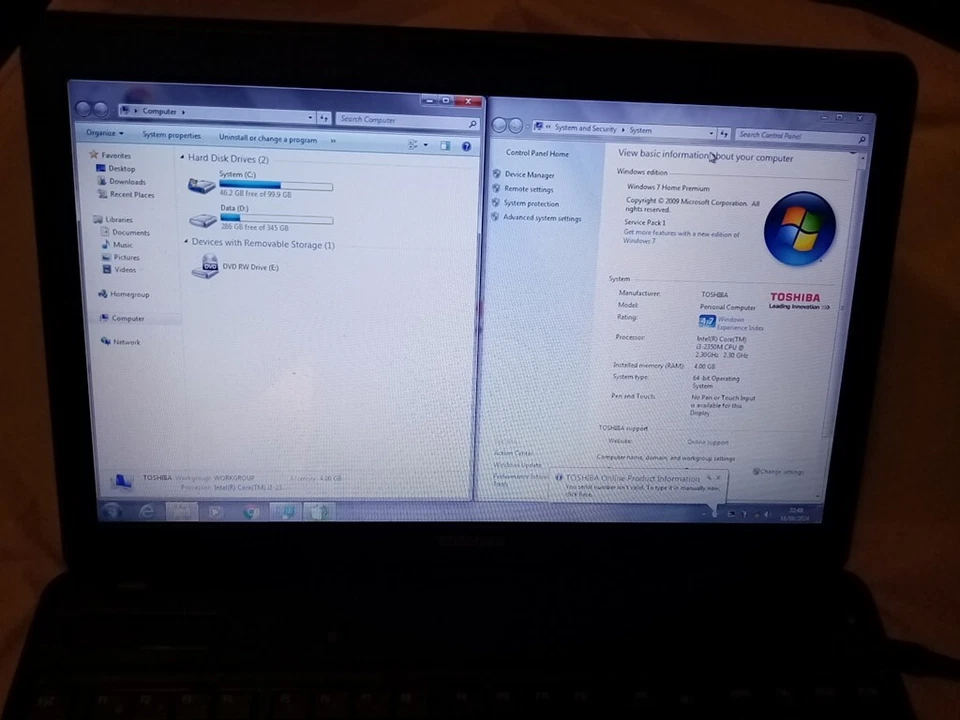 TOSHIBA SATELLITE PRO C660 15.6" LAPTOP WINDOWS 7 i3 @2.30ghz 4GB 414GB+Charger  - Image 2 of 4
