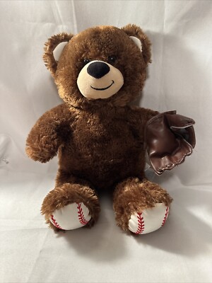 Build A Bear Teddy Plush Brown B-A-B w/ Mitt & Baseball   Pattern on Feet  EUC