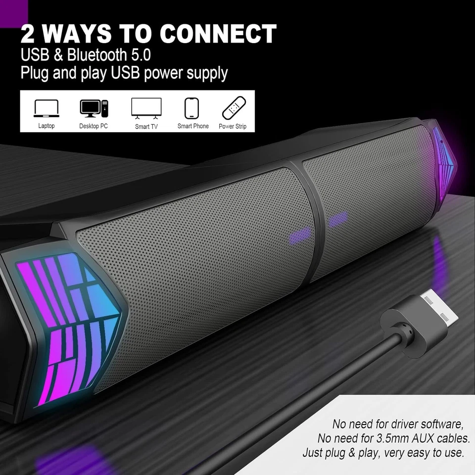 Lautsprecher Soundbar PC Computer Monitor Boxen Box Bluetooth USB RGB B466 - Bild 4 von 4