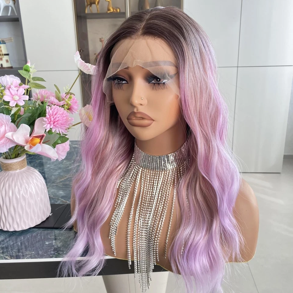 Peluca rosa y lavanda arco iris destacados ondulada 13x4 encaje frontal peluca resistente al calor 18" Foto 4 de 4