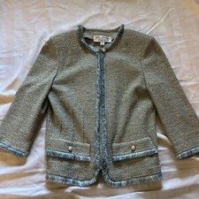 St John Full Zip Tweed Cardigan w/ Blue Fringe Trim and Skirt 2Pc Set