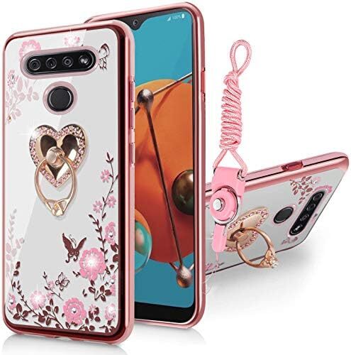 LG K51 Phone Case for Women, LG Q51 Case Glitter Crystal Butterfly Heart Floral