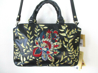 Patricia Nash Angelin Black Leather Satchel – Floral Embroidered