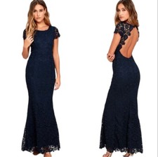 Lulu’s Black Lace Mermaid Maxi Open Back Formal Holiday Evening Dress Size XS