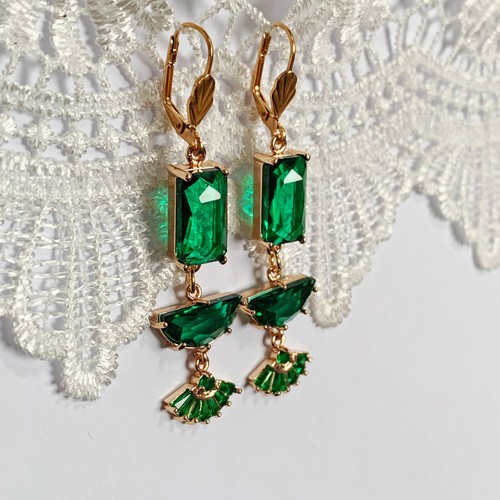 Art Deco Emerald Green Fan Earrings Bridal Lever Back Statement Emerald Cut - Picture 3 of 4