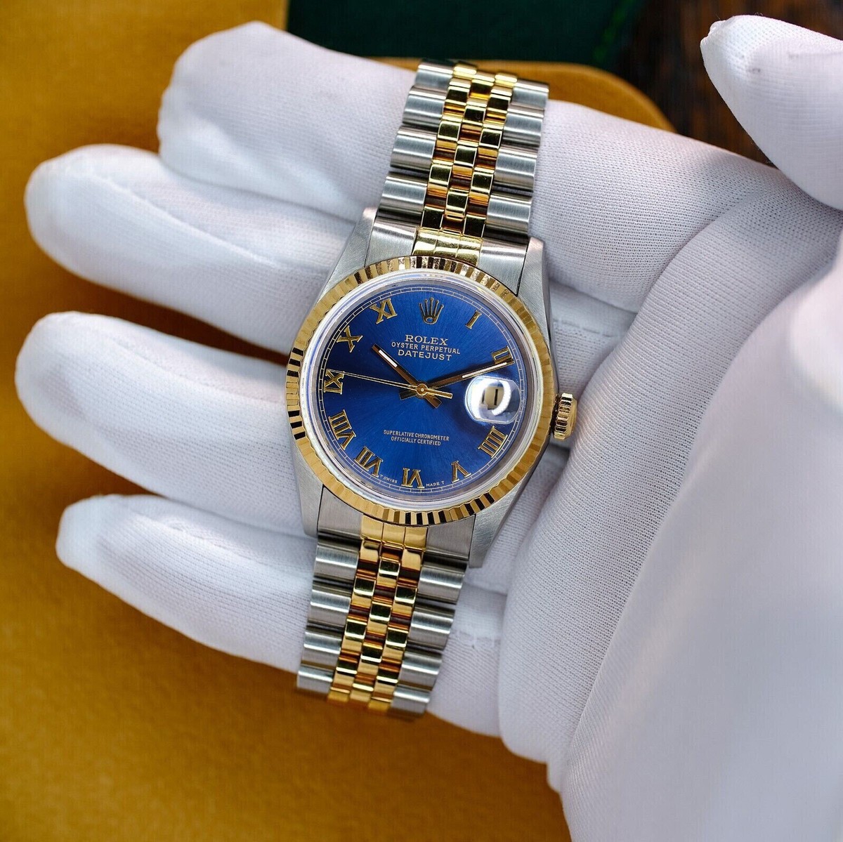Rolex Mens Datejust 16013 Two-Tone 18KY & Steel Blue Roman Dial