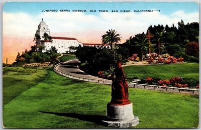 San Diego California CA, 1945 Junipero Serra Museum, Old Town, Garden, Postcard
