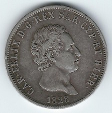1828 Sardinia 5 Lire Silver Coin - Italian States - Scarce - Carlo Felice