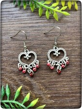 NEW Beautiful Red Bead Love Heart Shape Boho Silver Colour Earrings