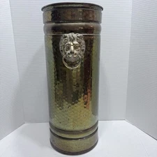 18" tall Vintage Hammered Brass umbrella stand Lion Head Knocker Holland Large