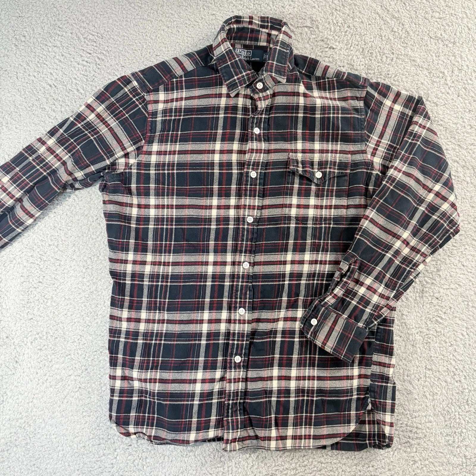 Polo Ralph Lauren Flannel Mens Medium Blue Red Plaid Cotton Outdoor Hiking Casua