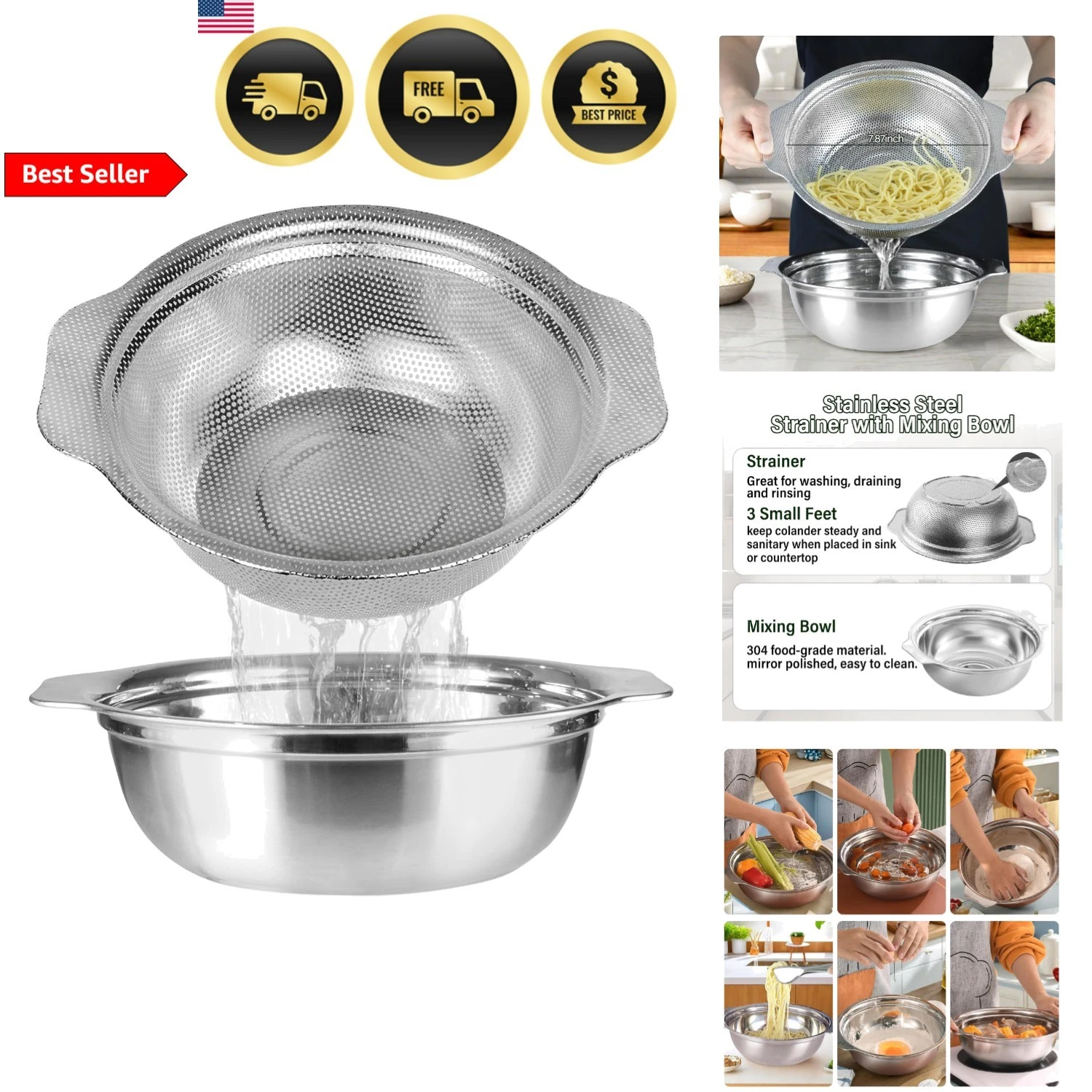 Stainless Steel Colander Set for Kitchen 2.5QT Rice Pasta Fruit Strainer Bowl