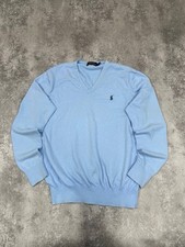 Polo Ralph Lauren Men Cotton Knit Sweater V-Neck Light Blue Size Small