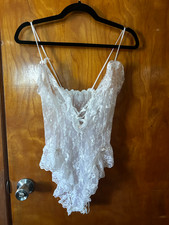Vintage 70s 80s Tosca White Lingerie Ruffled Lace Teddy Bodysuit Romper Small