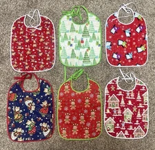 Lot Of 6 Quilted Handmade Christmas Baby Bib  Large Size 12” X 9”