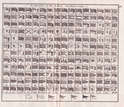 Flags Flaggen Fahnen Marine sea naval engraving gravure Kupferstich de Leth 1750
