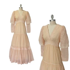 Gunne Sax Pink Maxi Dress Size 11 S M Vintage 70s Long Sleeve Prairie Tiered