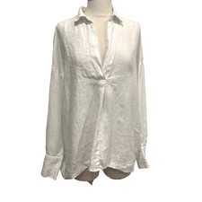 Zara Woman White 100% Linen Long Sleeve V-Nec...