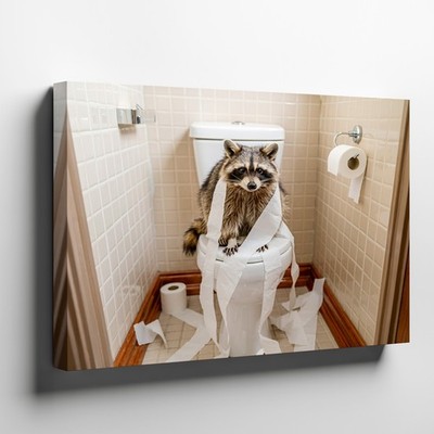 Funny Raccoon with Toilet Paper Bathroom Canvas Wall Art Animal Decor Print