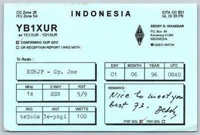 1996 YB1XUR Indonesia QSL Card Amateur Radio Ham Op Deddy D. Iskandar KC6JF A18