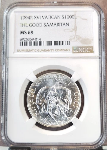 1994 VATICAN SILVER 1000 LIRE THE GOOD SAMARITAN NGC MS 69 RARE TOP POP