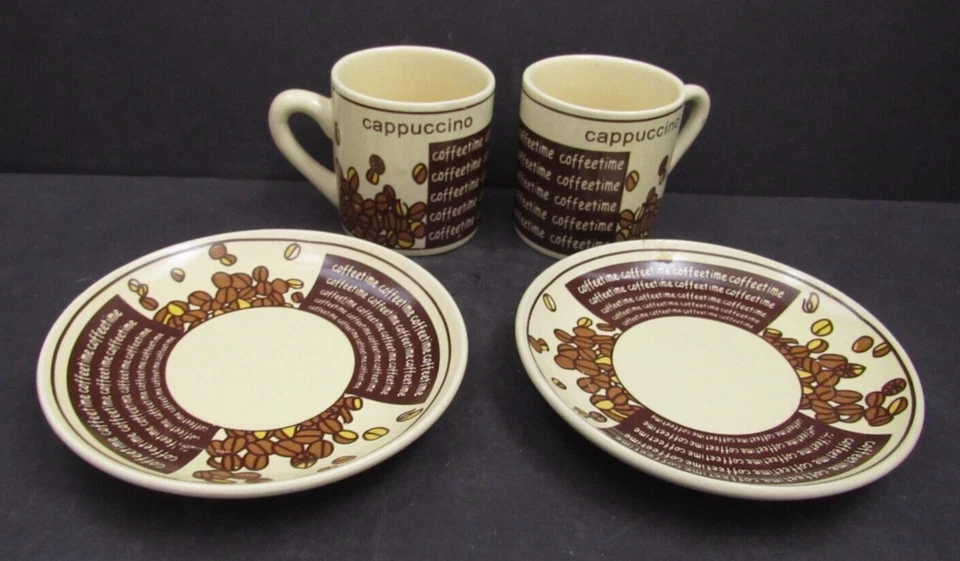 Juego de 2 tazas y platillos de capuchino café café grano demi taza taza marrón Foto 3 de 4