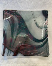 Hand Crafted Glass Iridescent Black Swirl Square Trivet 8” Signed Salli Alaska
