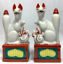Kitsune Fox Pair Porcelain 4.75" Hand Painted Good Luck Statue Japan Vintage
