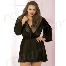 New sexy Women one size lingerie satin lace robe black plus size 10695X gift