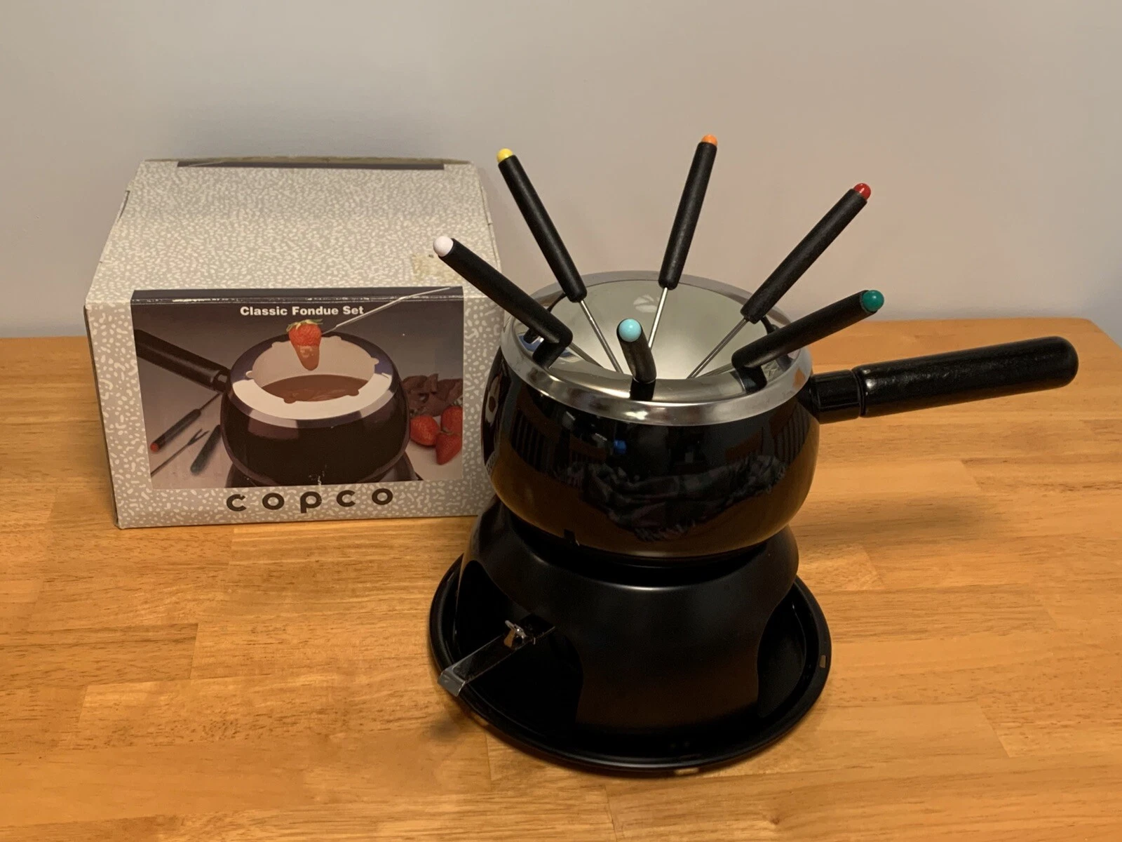 Copco Classic Fondue Set Black Porcelain Enamel Stainless Steel 6 Forks Box VTG