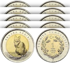 Turkey 1 Lira 2015 Ankara Angora Cat, 5 PCS LOT, Commemorative Bimetal UNC Coin