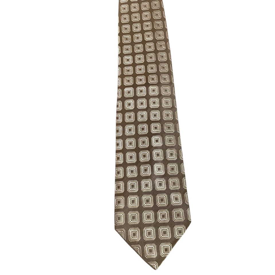 TINO COSMA 男式 100% 真丝 XL 领带意大利设计师几何棕褐色/白色 二手状况完好 — 第 2/3 张图片