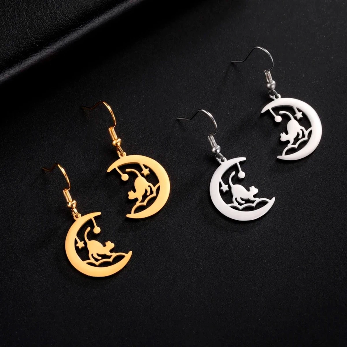 BlackAmazement 316L - Orecchini a lobo in acciaio inox 3D, a forma di mezzaluna, a forma di falce, luna, crescente, puntini, oro, nero, argento, 6 mm, 8 mm, per uomo e donna