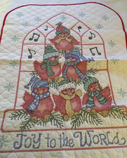 Handmade Cross-stitched Christmas Birds - Joy to the World Baby Quilt Blanket