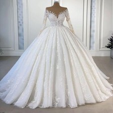 Elegant A-Line Wedding Dress V-Neck Long Sleeved Beaded Lace Applique Bride Gown