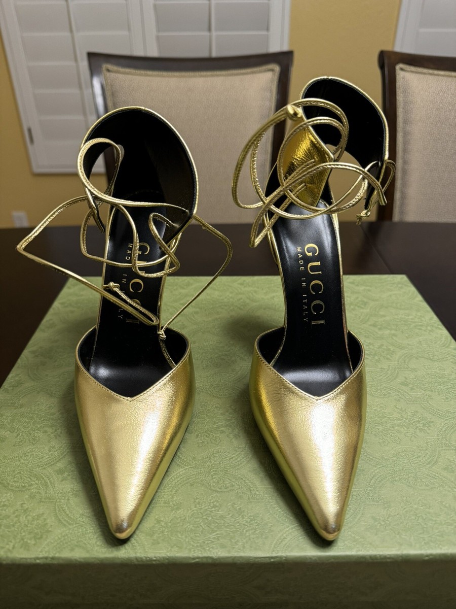 New Gucci High Heel Ankle Strap Leather Gold Pumps Shoes New Gucci High Heel Ankle Strap Leather Gold Pumps Shoes