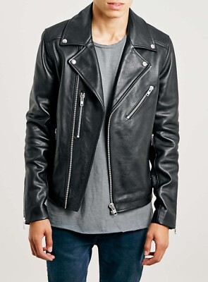 Men Bomber Motorcycle Black Leather Genuine Leather Biker Jacket XS-2XL FB514