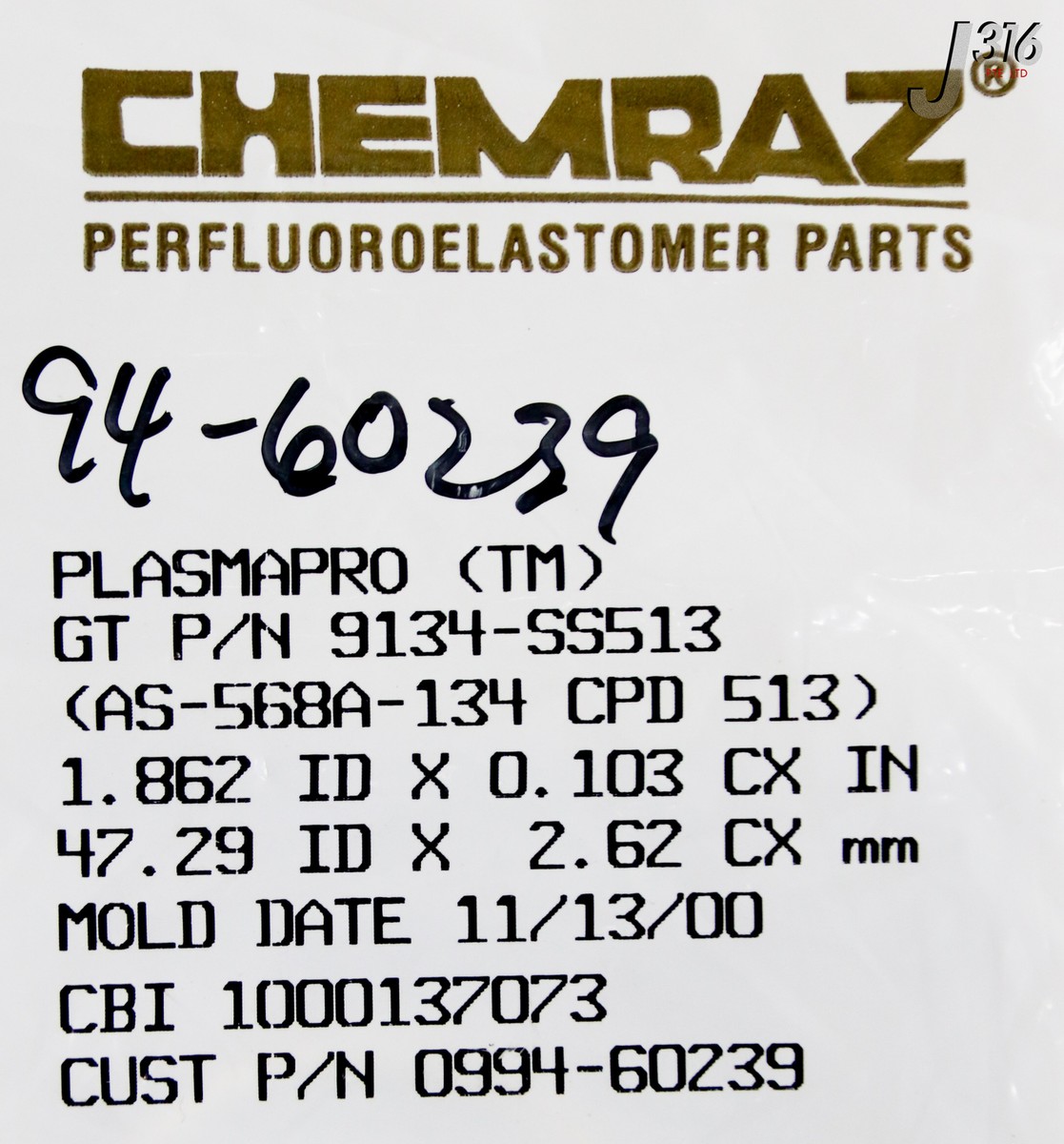 35449 GREENE TWEED O-RING, CHEMRAZ, AS-568A-1134 (NEW) 9134-SS513