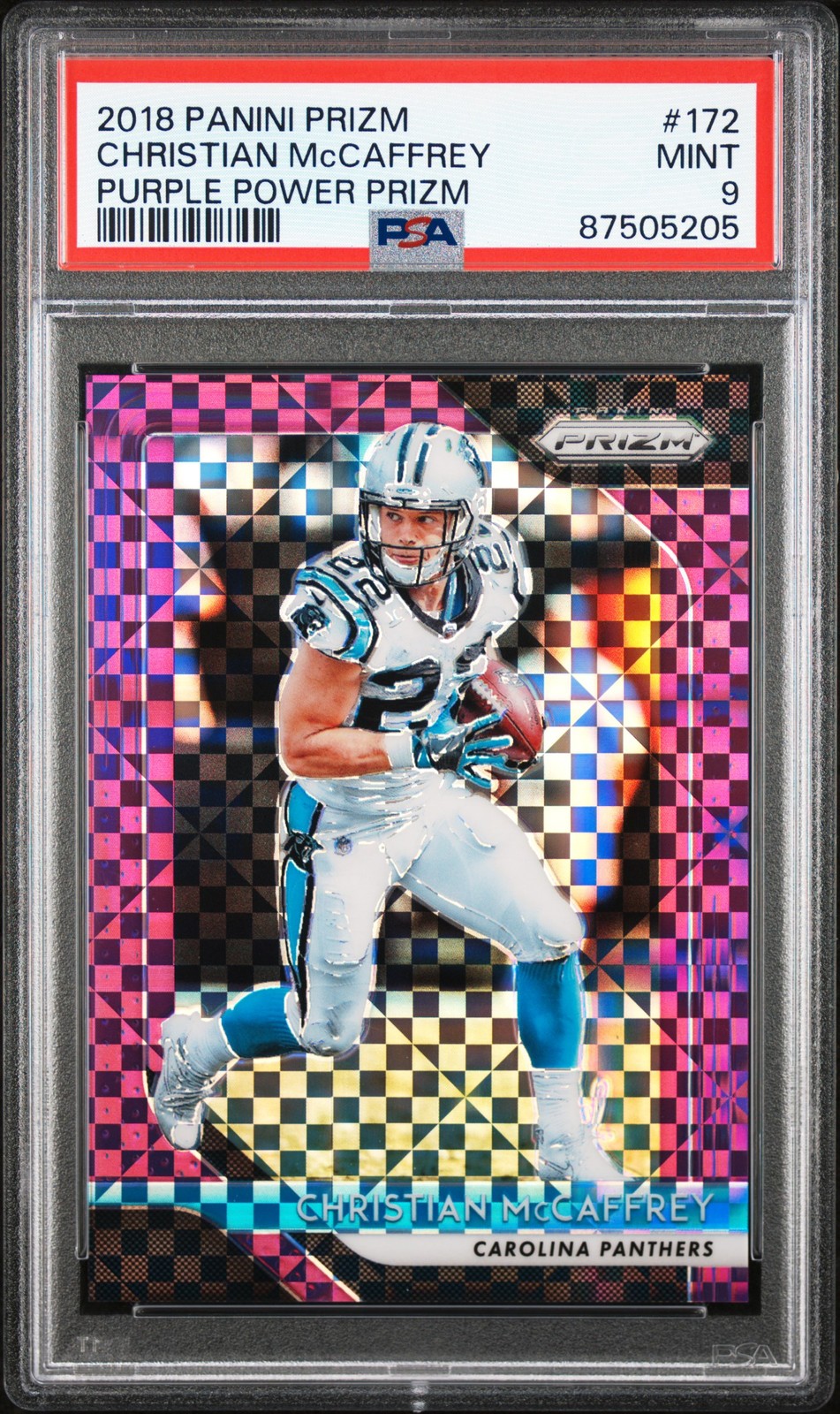 2018 PANINI PRIZM PURPLE POWER PRIZM #172 CHRISTIAN MCCAFFREY 6/49 PSA 9