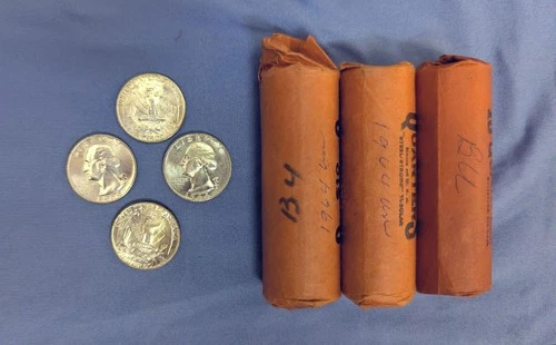 Ten 1964 Washington Quarters - 90 % Silver 25 Cents  from an uncirculated roll