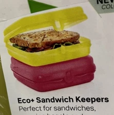 2 New Tupperware Sandwich Keepers Hinged Locking Clamshell Yellow & Red Set Keep