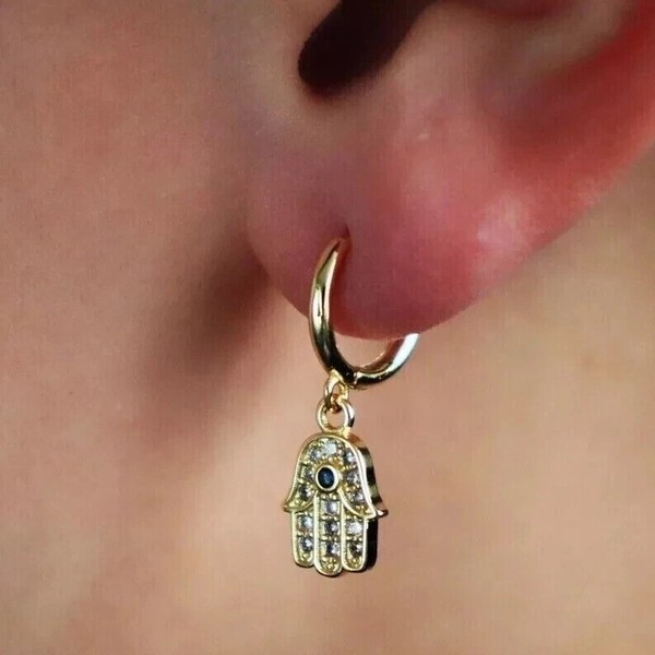 Alternate view of Drop Humsa Hand Earrings 14k Yellow Gold Plated 2ct Round Cut Simulated Diamond