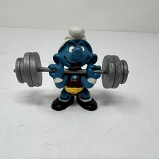Vintage 1980 Super Smurfs Weightlifter Barbell Figure Peyo Toy Schleich 2”
