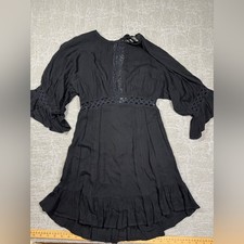 Free People Black Bell Sleeve Boho Open Back Button Down Lagnelook Dress Sz XS